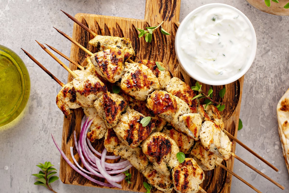 CISSNE'S chicken souvlaki skewers grilled and served with cool house tzatziki